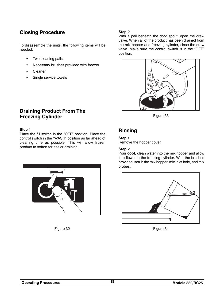 Closing procedure, Draining product from the freezing cylinder, Rinsing | Taylor SLUSH 382 User Manual | Page 22 / 37