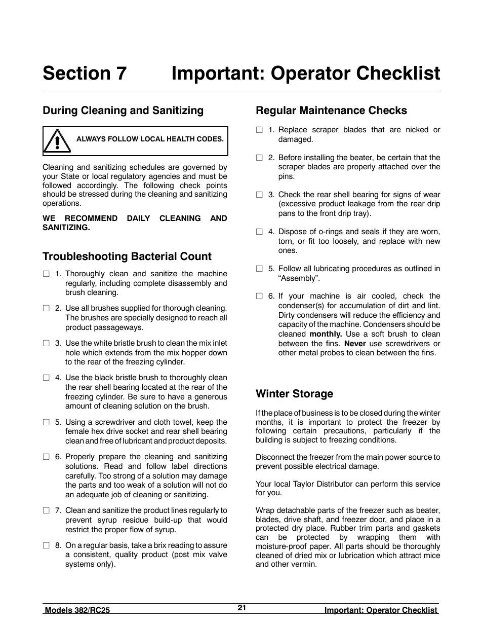During cleaning and sanitizing, Troubleshooting bacterial count, Regular maintenance checks | Winter storage | Taylor SLUSH 382 User Manual | Page 25 / 37