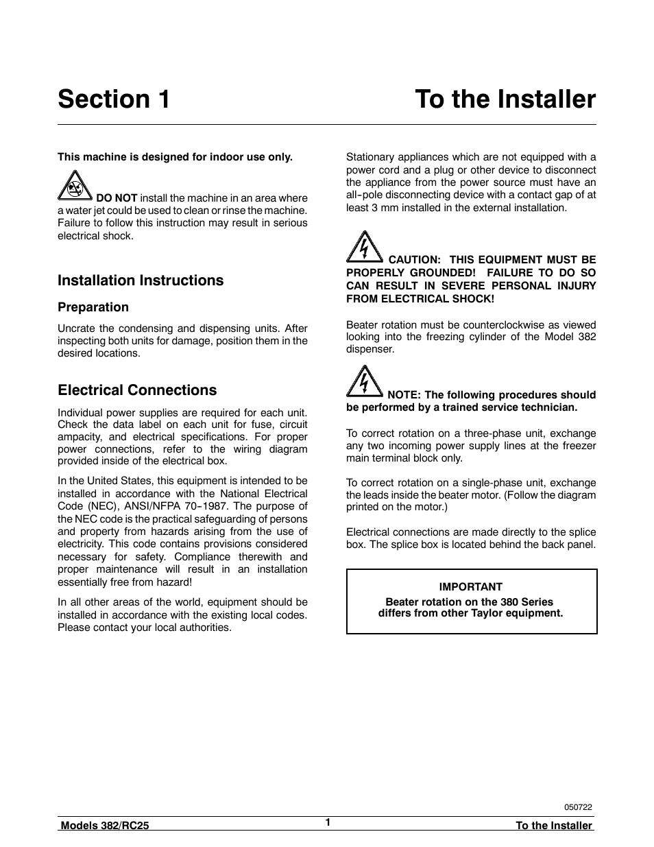 Installation instructions, Electrical connections | Taylor SLUSH 382 User Manual | Page 5 / 37
