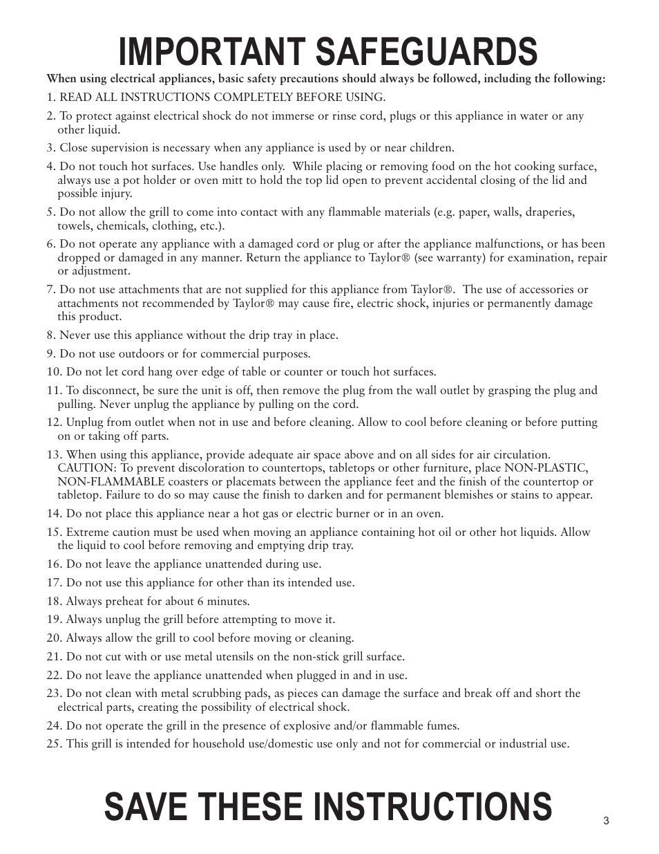 Important safeguards save these instructions | Taylor AG-1360-BL User Manual | Page 3 / 8