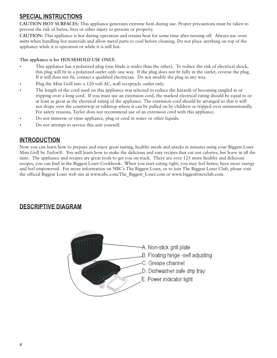 Introduction, Descriptive diagram special instructions | Taylor AG-1360-BL User Manual | Page 4 / 8