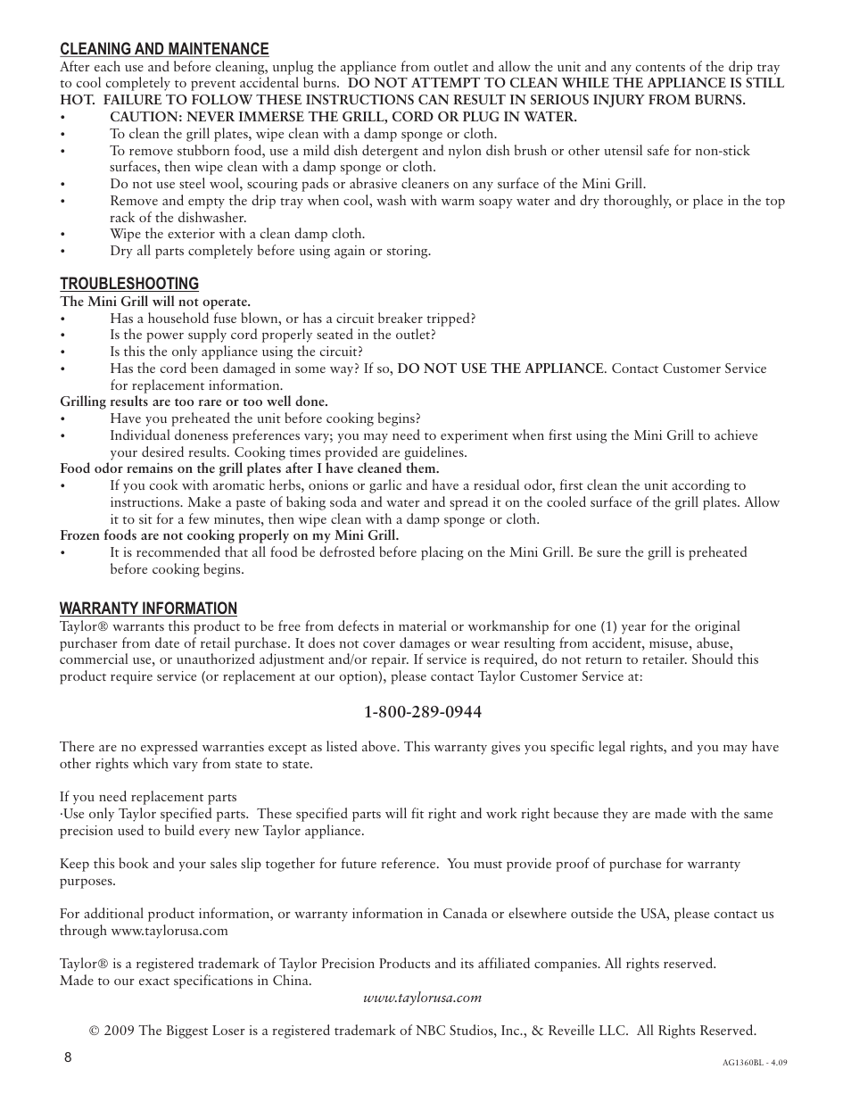 Cleaning and maintenance, Troubleshooting, Warranty information | Taylor AG-1360-BL User Manual | Page 8 / 8