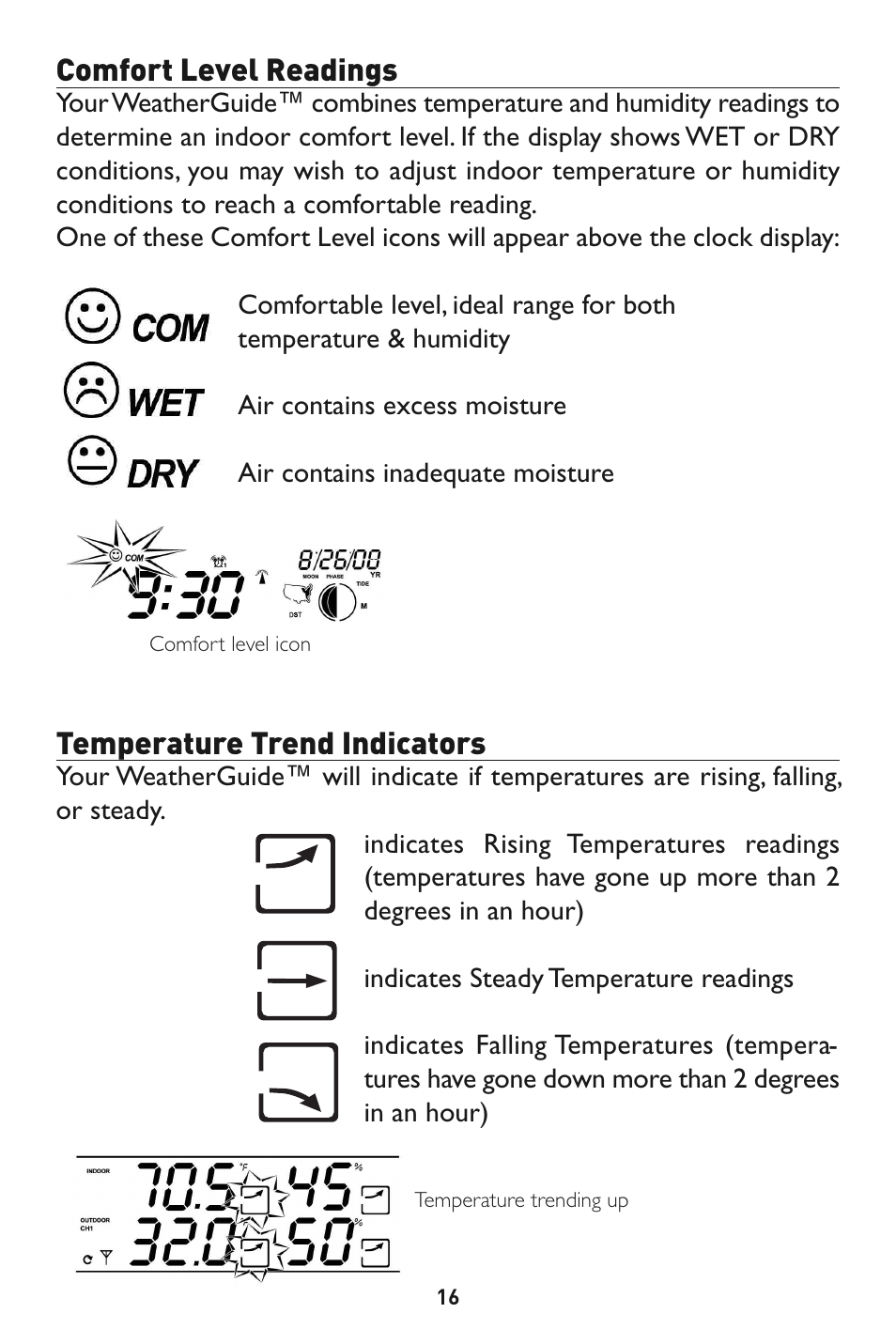 Comfort level readings, Temperature trend indicators | Taylor 1528 User Manual | Page 16 / 24