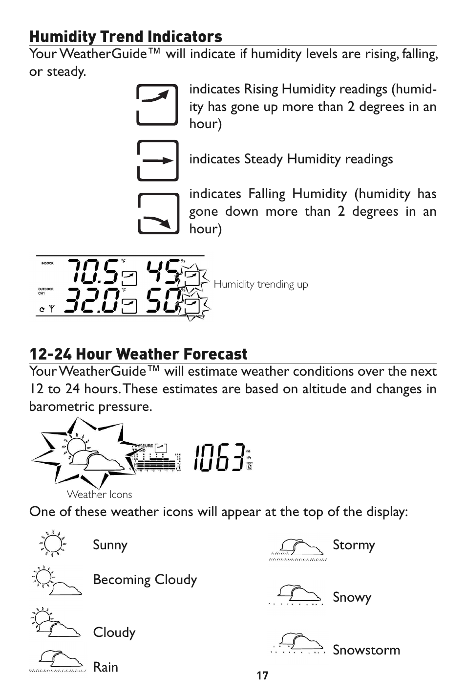 Humidity trend indicators, 24 hour weather forecast | Taylor 1528 User Manual | Page 17 / 24