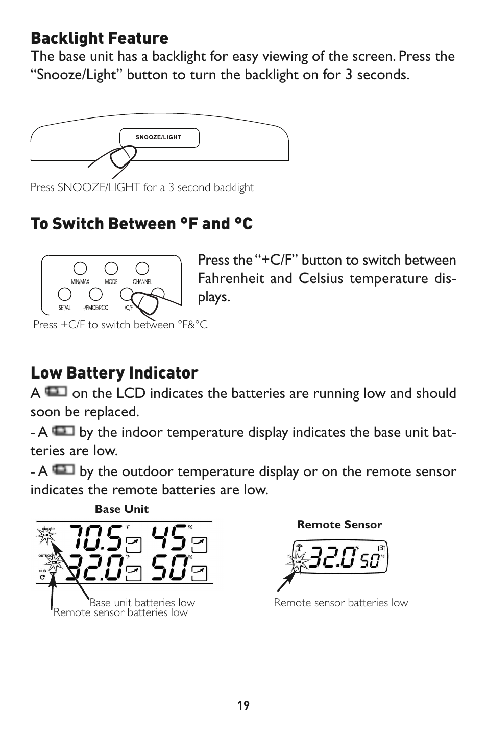 Backlight feature, Low battery indicator | Taylor 1528 User Manual | Page 19 / 24
