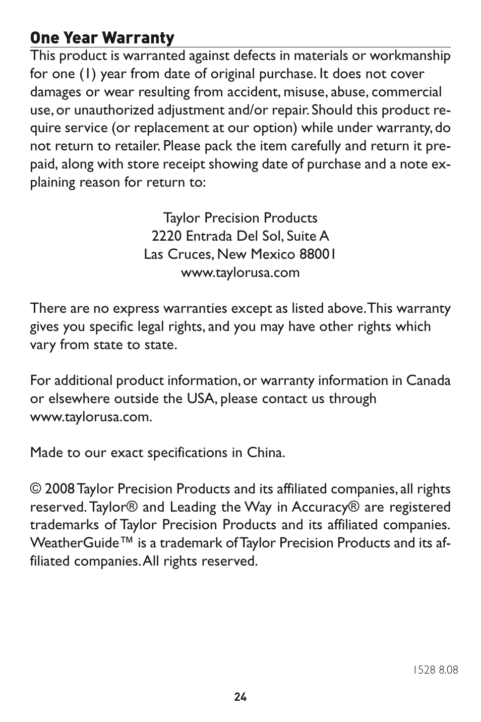 One year warranty | Taylor 1528 User Manual | Page 24 / 24