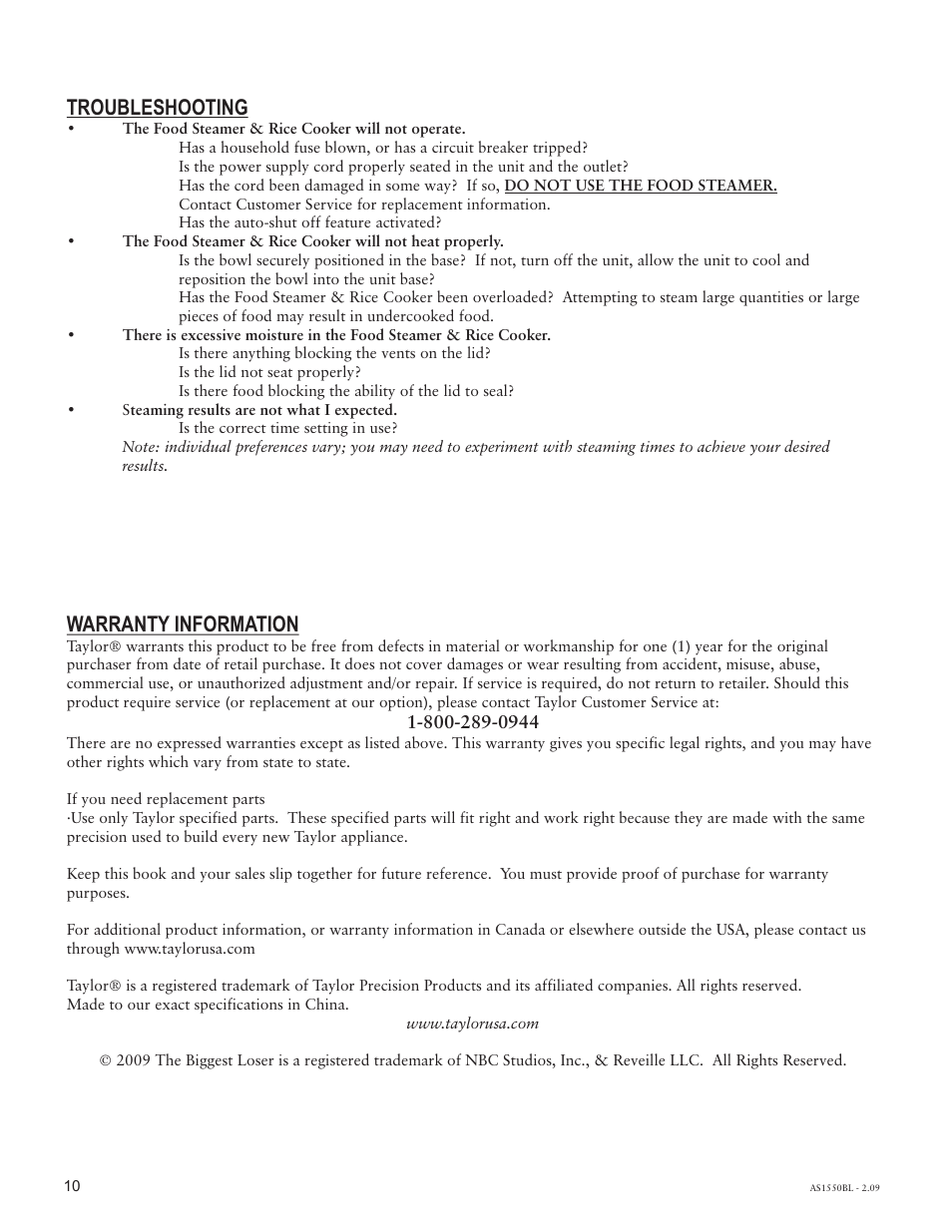Troubleshooting, Warranty information | Taylor AS-1550-BL User Manual | Page 10 / 10