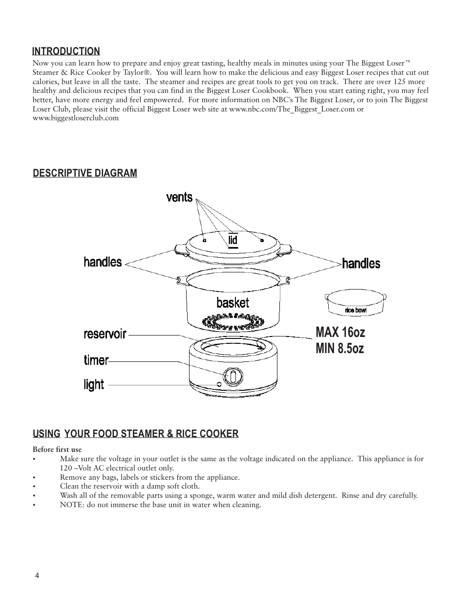Max 16oz min 8.5oz, Introduction, Descriptive diagram | Using, Your food steamer & rice cooker | Taylor AS-1550-BL User Manual | Page 4 / 10