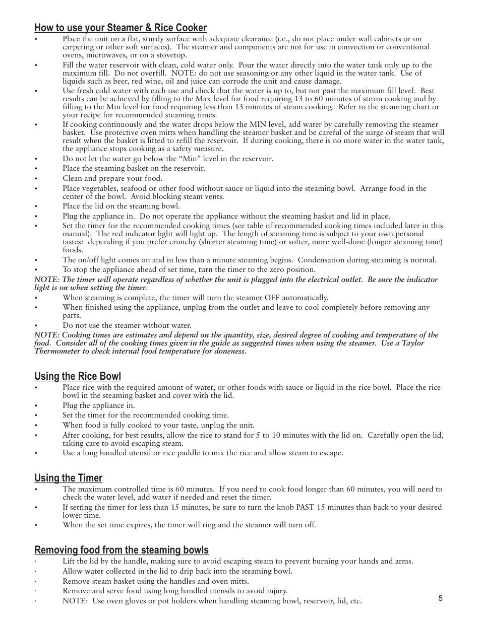 How to use your steamer & rice cooker, Using the rice bowl, Using the timer | Removing food from the steaming bowls | Taylor AS-1550-BL User Manual | Page 5 / 10