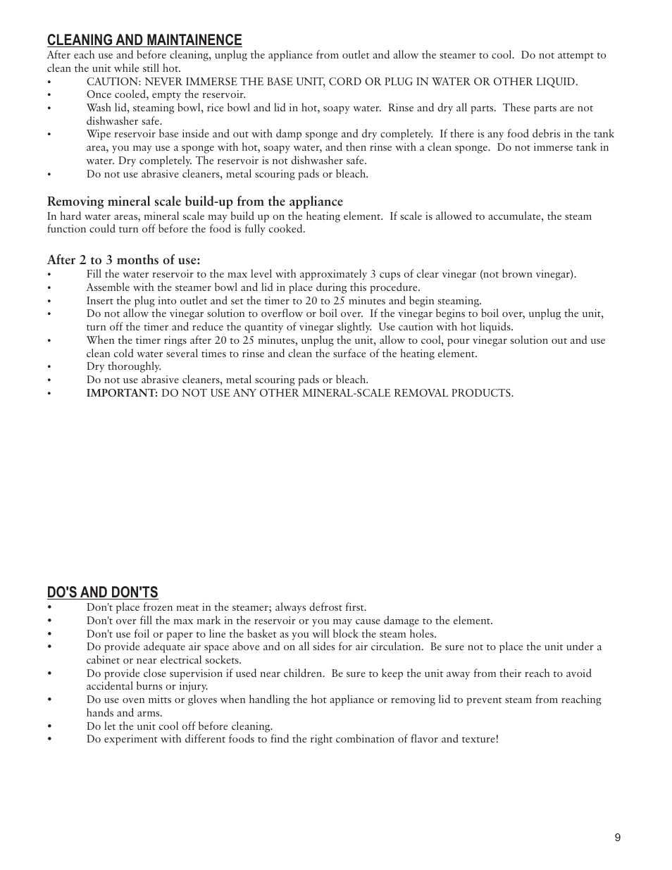 Cleaning and maintainence, Do's and don'ts | Taylor AS-1550-BL User Manual | Page 9 / 10