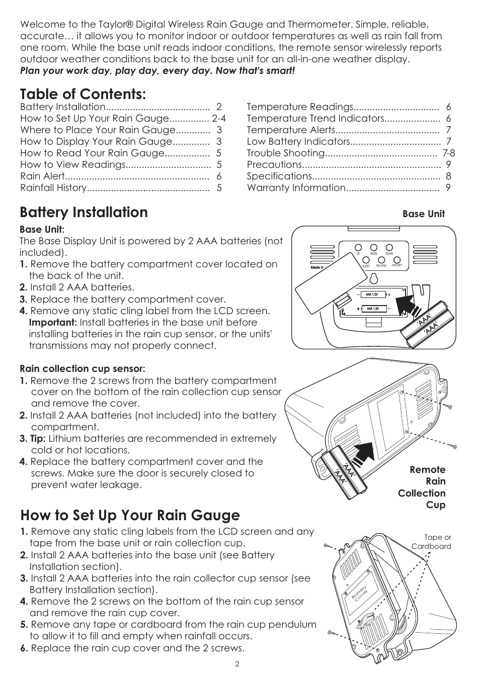 Battery installation, How to set up your rain gauge table of contents | Taylor 2753 User Manual | Page 2 / 9