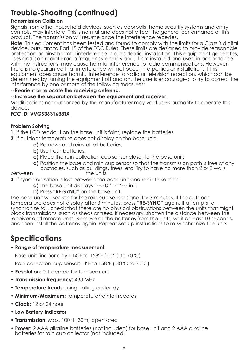 Trouble-shooting (continued), Specifications | Taylor 2753 User Manual | Page 8 / 9