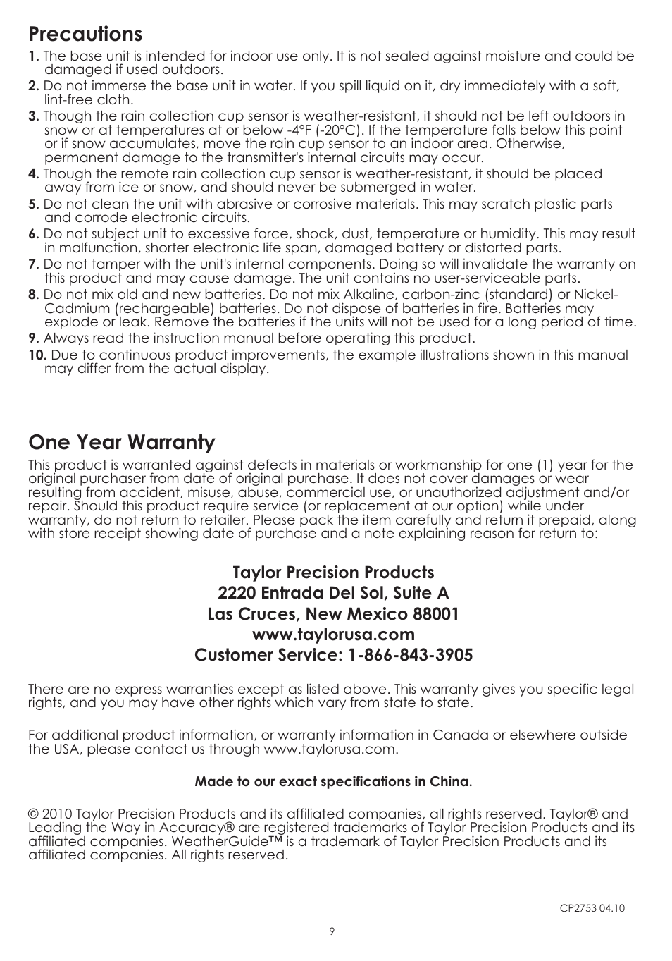 One year warranty, Precautions | Taylor 2753 User Manual | Page 9 / 9
