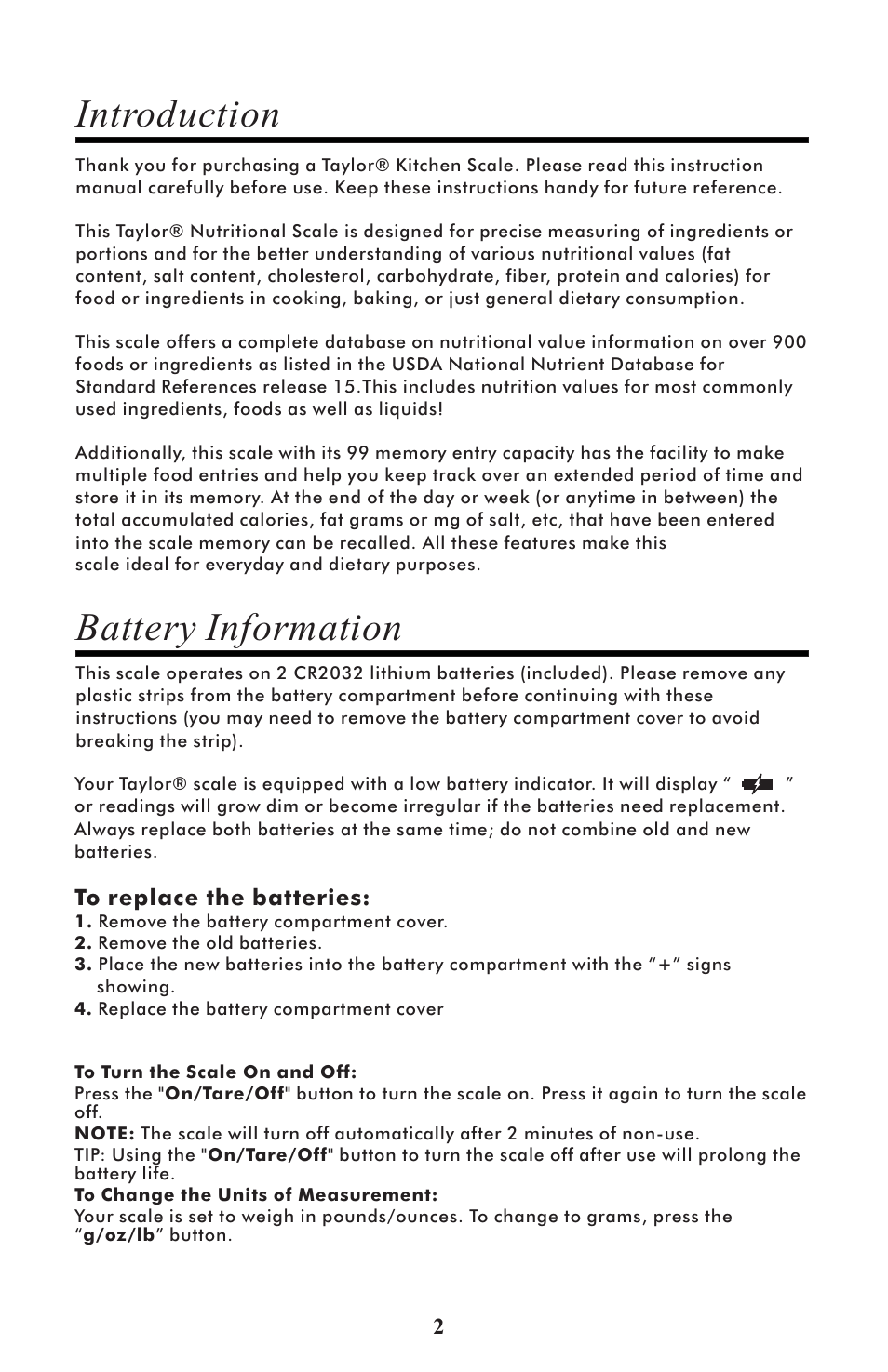 Introduction battery information | Taylor 3843 User Manual | Page 2 / 27