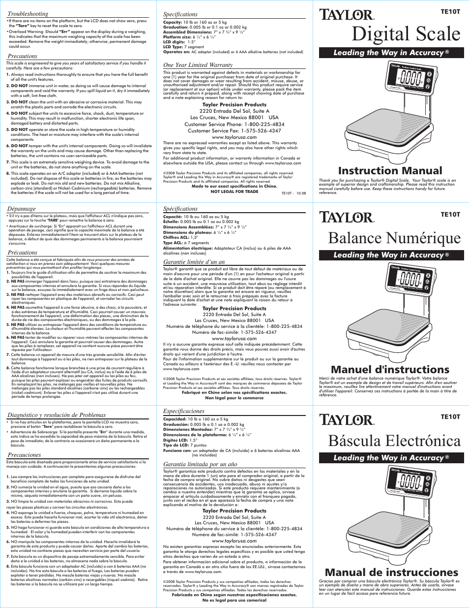 Taylor TE10T User Manual | 2 pages