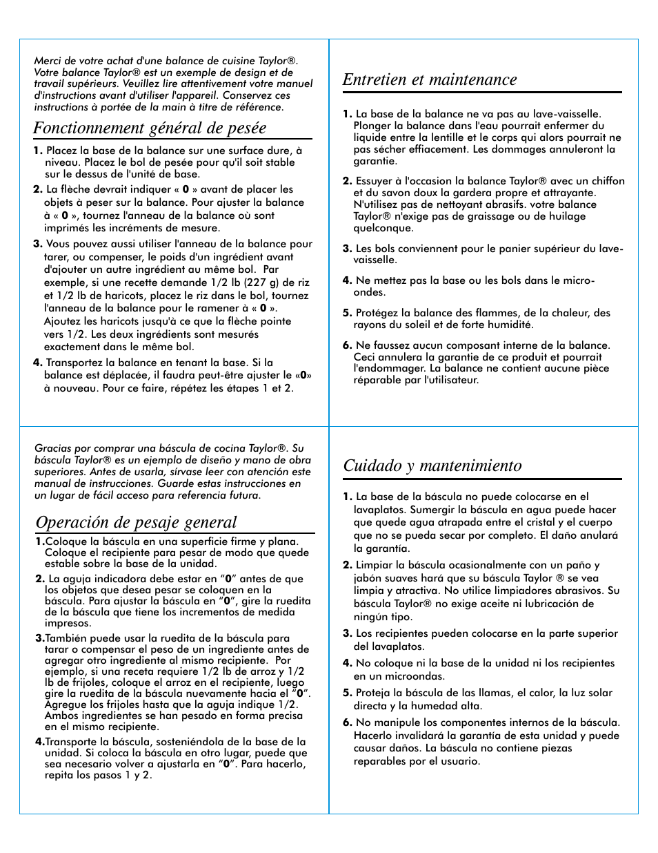 Cuidado y mantenimiento, Operación de pesaje general, Entretien et maintenance | Fonctionnement général de pesée | Taylor 3700-44 User Manual | Page 2 / 2