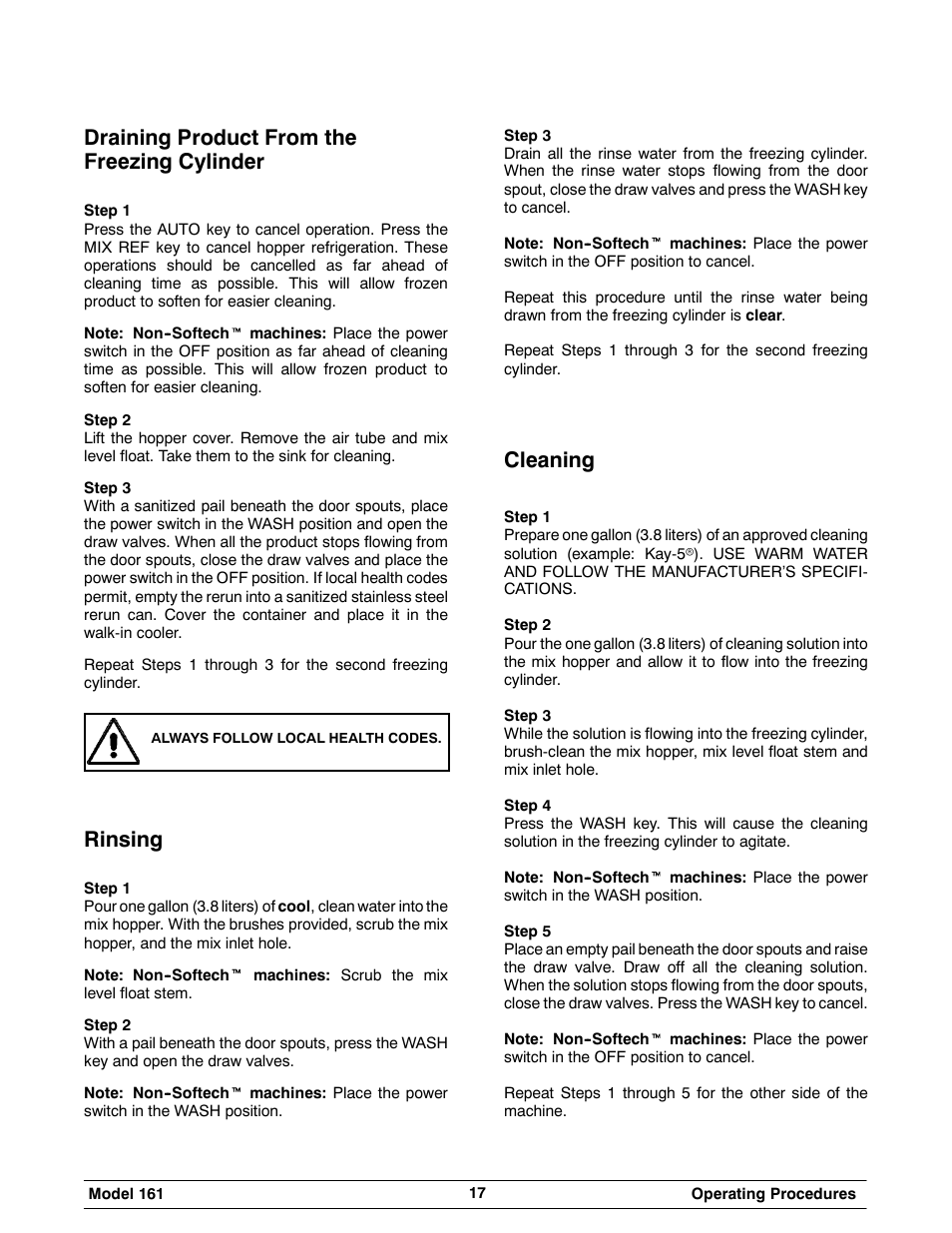 Draining product from the freezing cylinder, Rinsing, Cleaning | Taylor 161 User Manual | Page 21 / 35