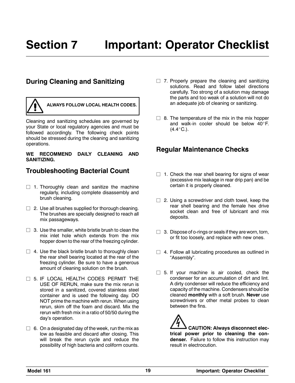 During cleaning and sanitizing, Troubleshooting bacterial count, Regular maintenance checks | Taylor 161 User Manual | Page 23 / 35