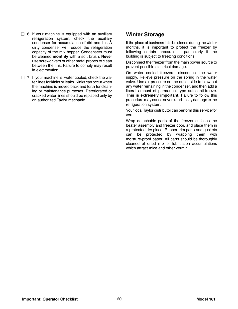 Winter storage | Taylor 161 User Manual | Page 24 / 35