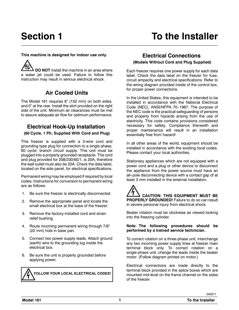 Air cooled units, Electrical hook-up installation, Electrical connections | Taylor 161 User Manual | Page 5 / 35