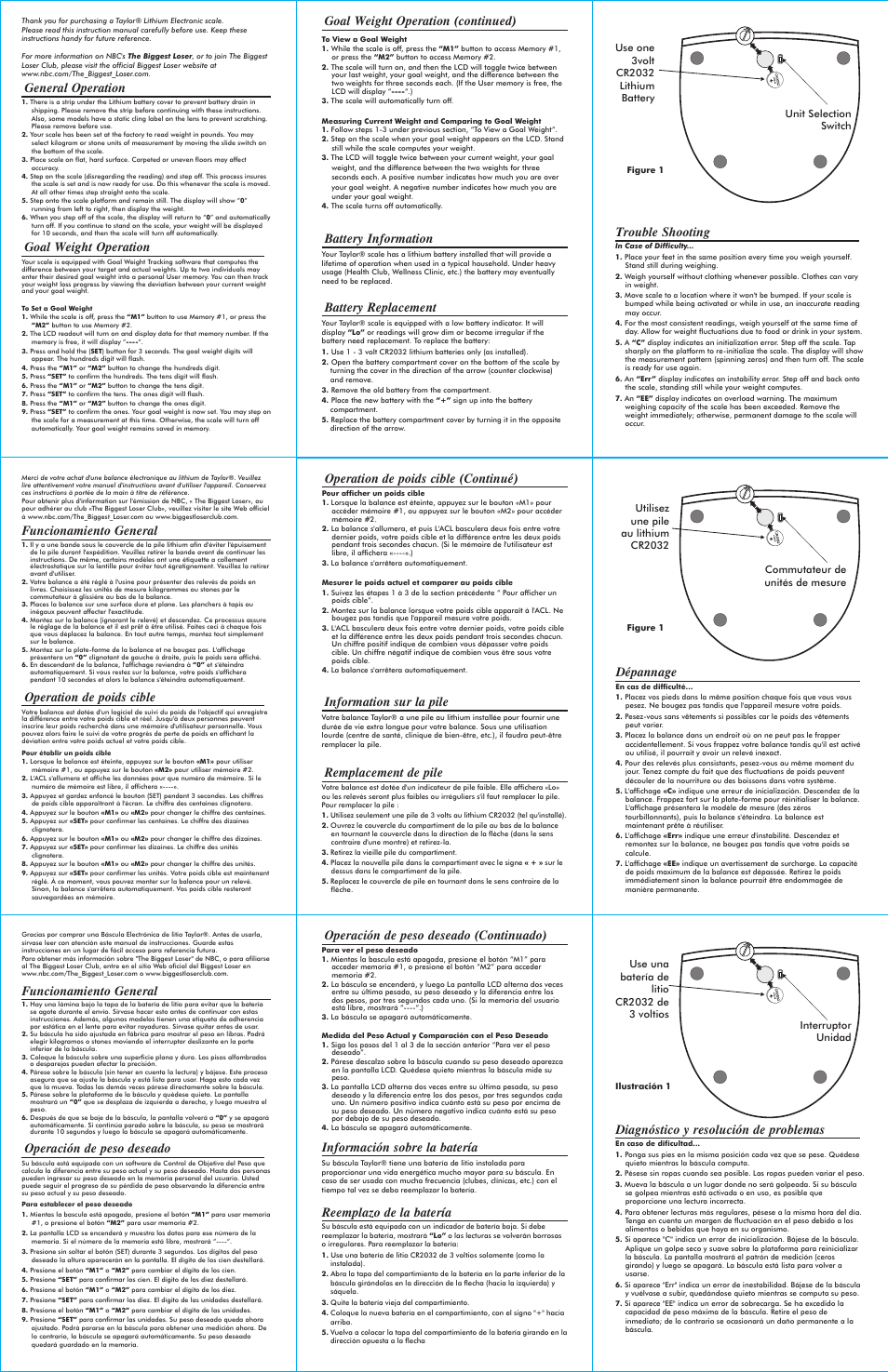 Battery replacement, Battery information, Remplacement de pile | Information sur la pile, Reemplazo de la batería, Información sobre la batería | Taylor THE BIGGEST LOSER 7334 User Manual | Page 2 / 2