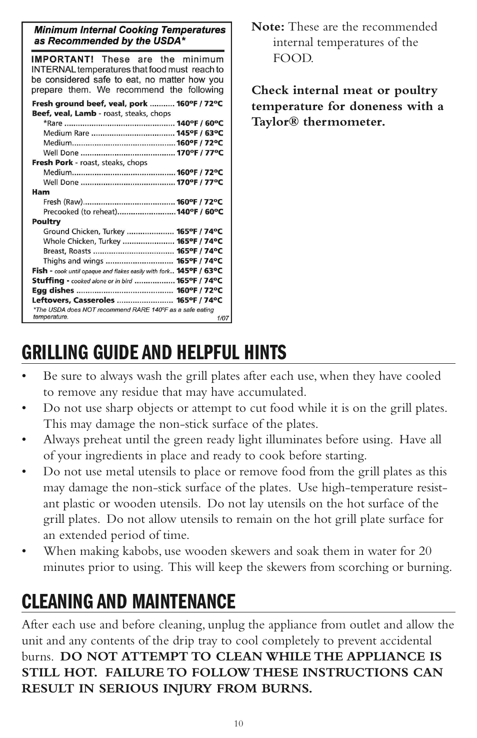 Grilling guide and helpful hints, Cleaning and maintenance | Taylor AG-1300-BL User Manual | Page 10 / 12