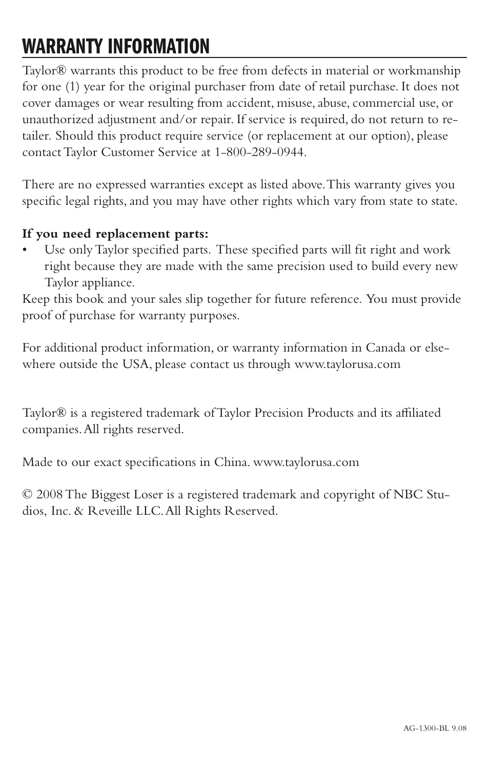 Warranty information | Taylor AG-1300-BL User Manual | Page 12 / 12