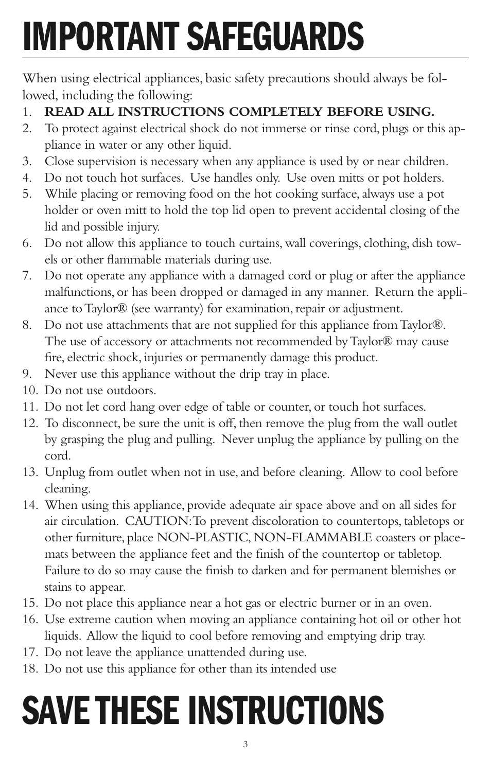 Important safeguards, Save these instructions | Taylor AG-1300-BL User Manual | Page 3 / 12