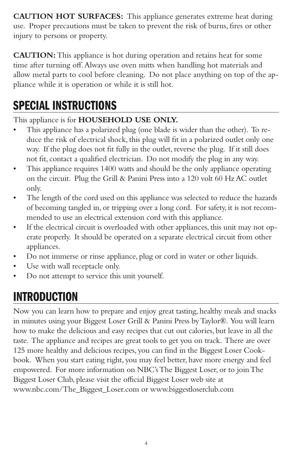 Special instructions, Introduction | Taylor AG-1300-BL User Manual | Page 4 / 12