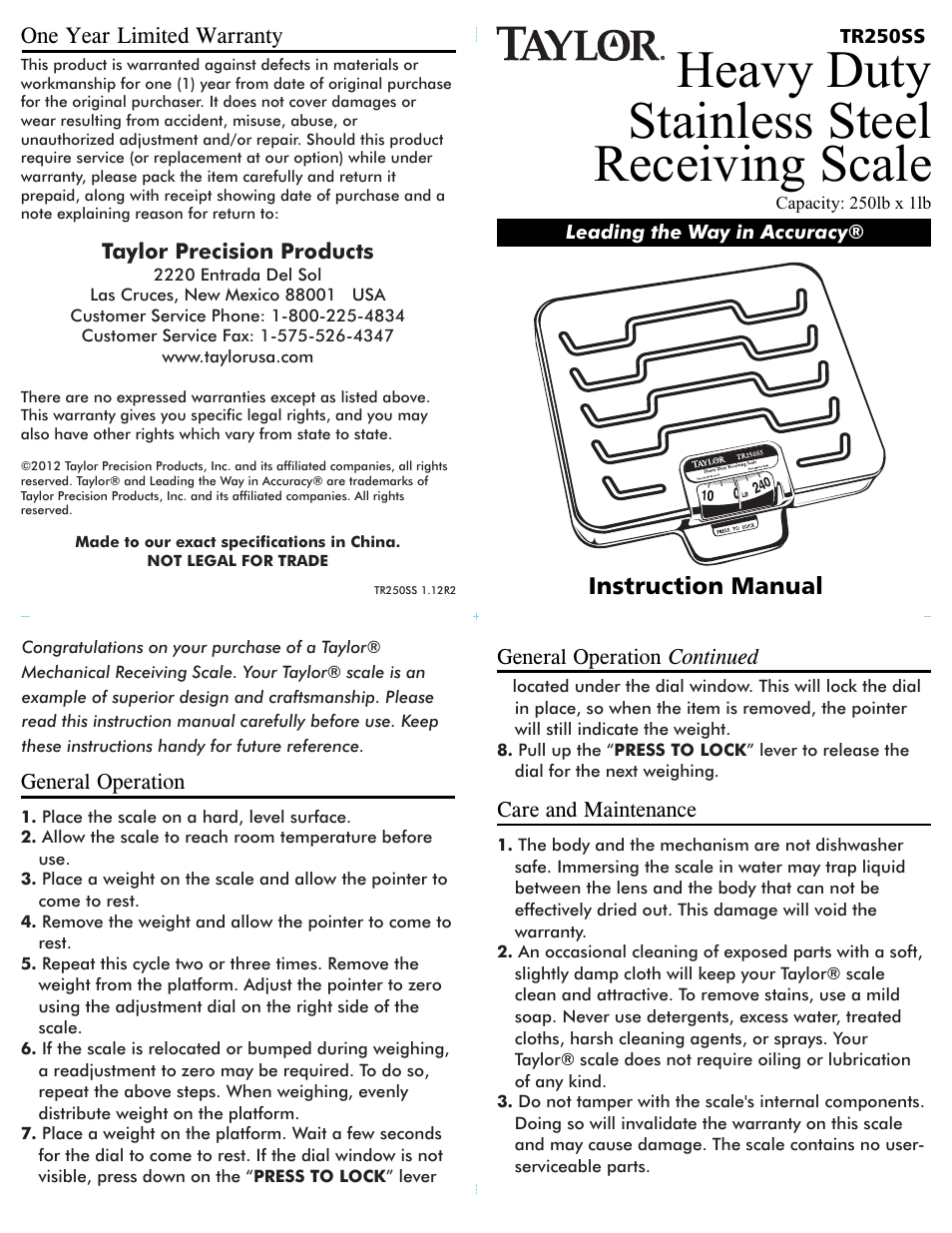 Taylor Heavy Duty Stainless Steel Receiving Scale TR250SS User Manual | 1 page