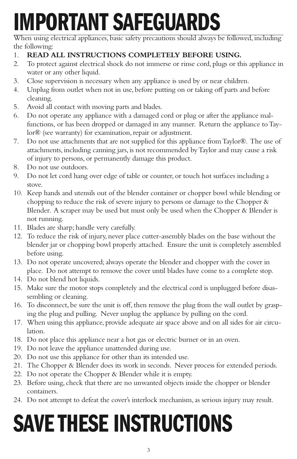 Important safeguards, Save these instructions | Taylor AC-1200-BL User Manual | Page 3 / 12