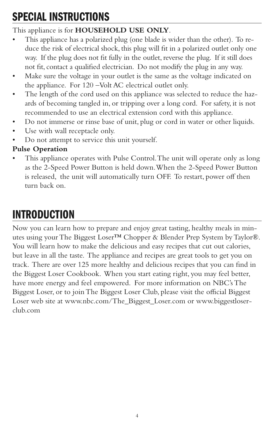 Special instructions, Introduction | Taylor AC-1200-BL User Manual | Page 4 / 12