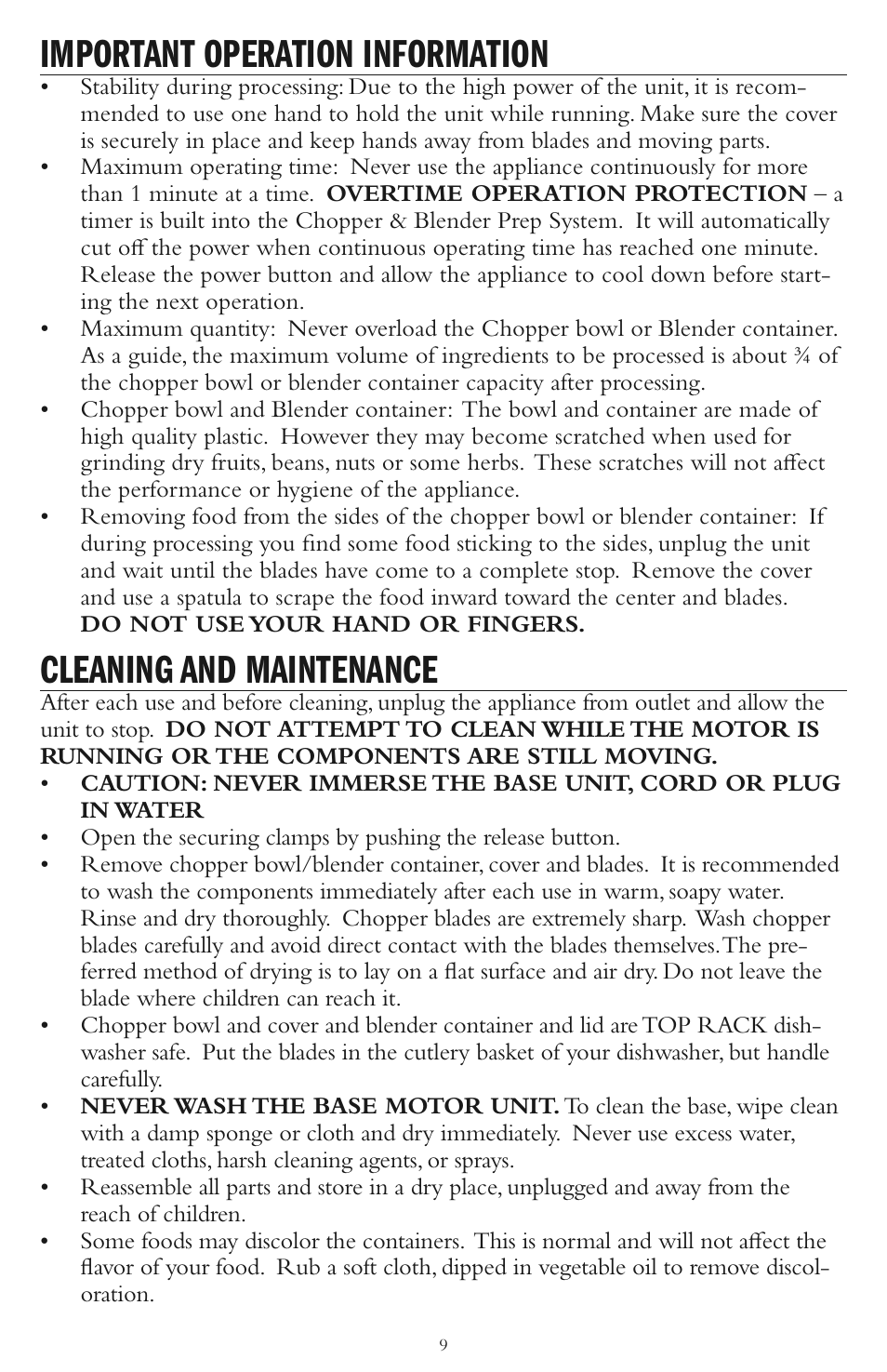 Important operation information, Cleaning and maintenance | Taylor AC-1200-BL User Manual | Page 9 / 12