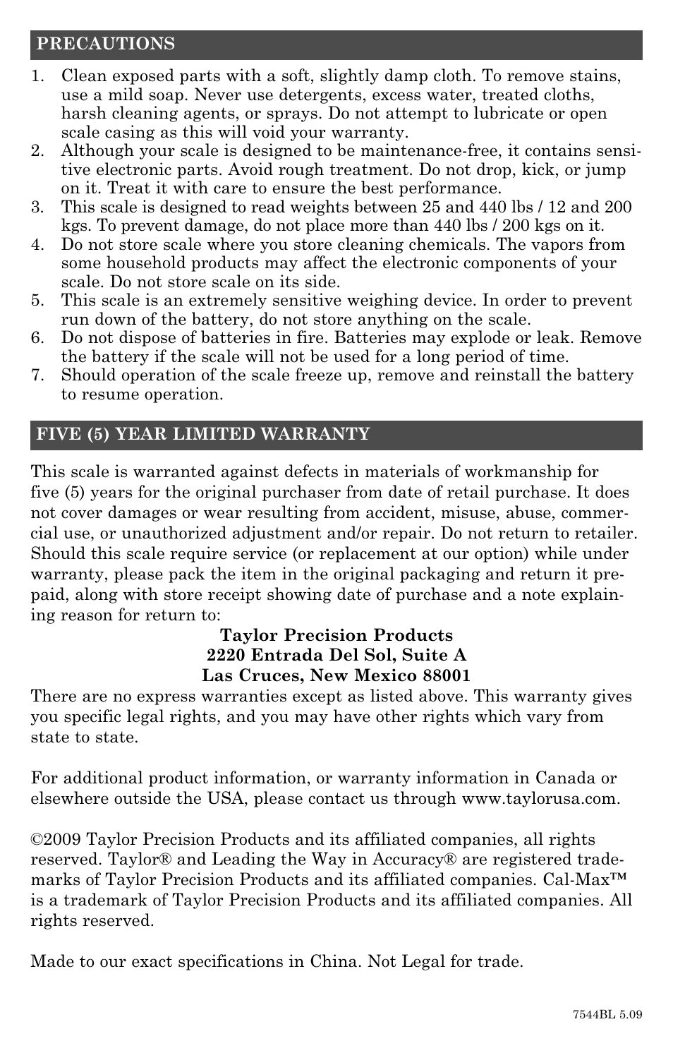 Taylor 7544BL User Manual | Page 8 / 8