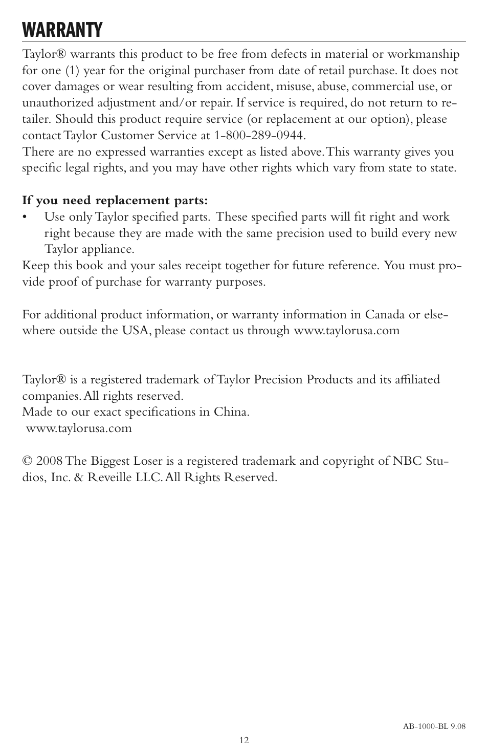 Warranty | Taylor AB-1000-BL User Manual | Page 12 / 12