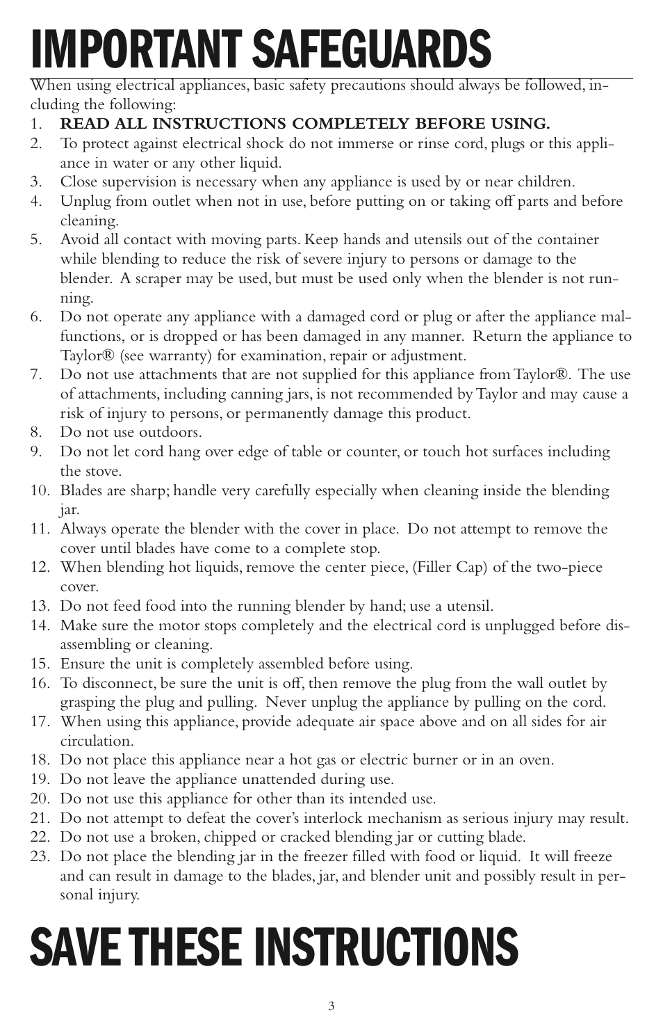 Important safeguards, Save these instructions | Taylor AB-1000-BL User Manual | Page 3 / 12