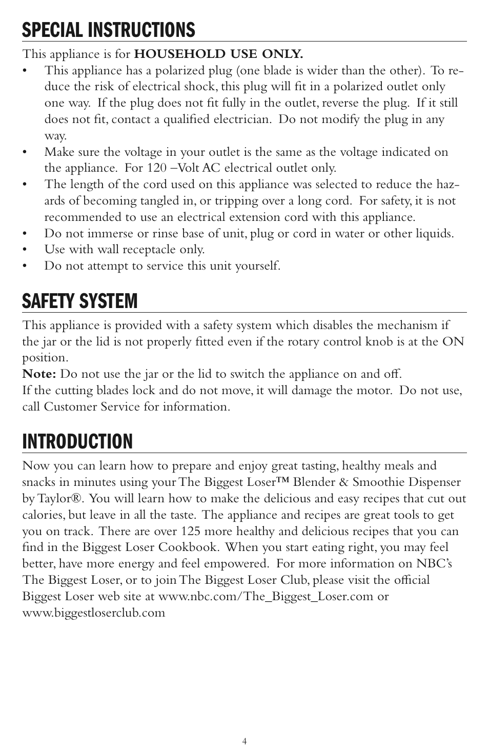 Special instructions, Safety system, Introduction | Taylor AB-1000-BL User Manual | Page 4 / 12