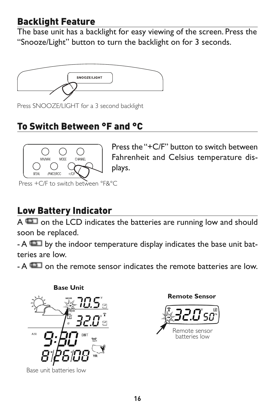 Backlight feature, Low battery indicator | Taylor 1526 User Manual | Page 16 / 20