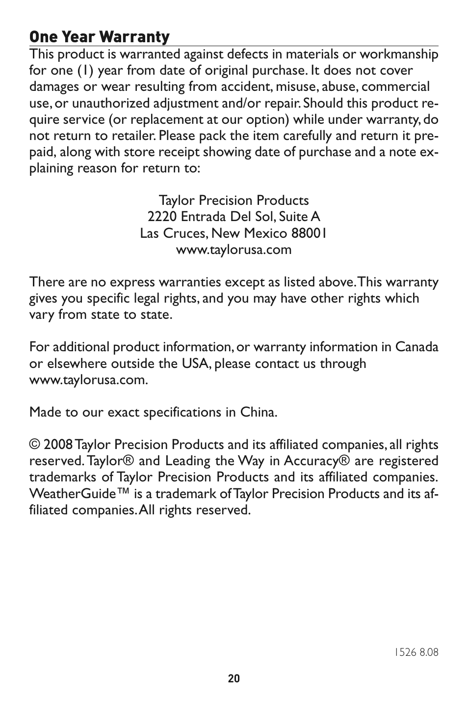 One year warranty | Taylor 1526 User Manual | Page 20 / 20