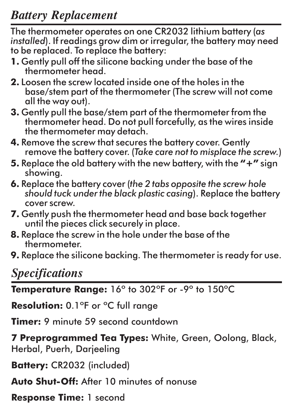 Battery replacement, Specifications | Taylor 516 User Manual | Page 5 / 10
