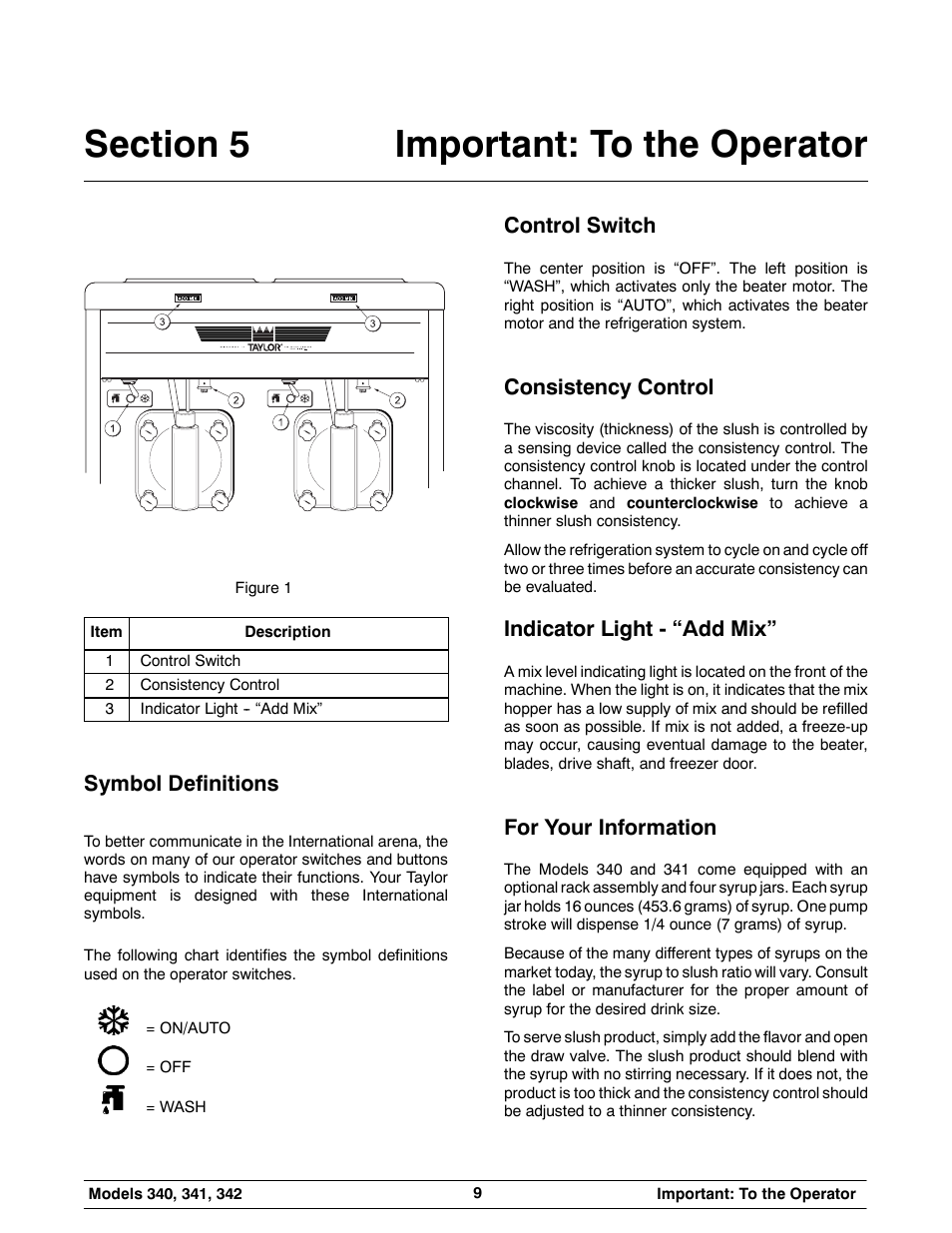 Symbol definitions, Control switch, Consistency control | Indicator light - “add mix, For your information | Taylor 342 User Manual | Page 13 / 43