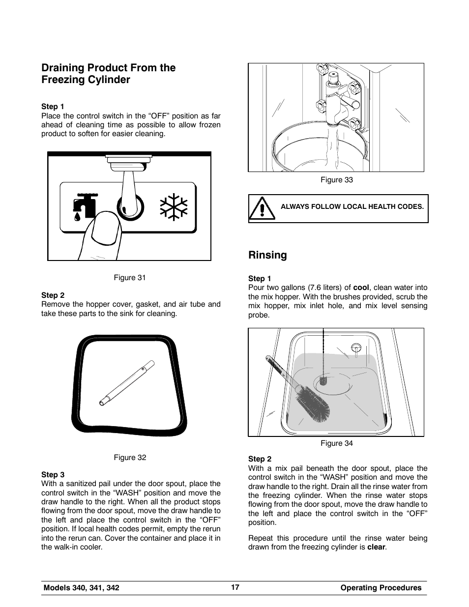 Draining product from the freezing cylinder, Rinsing | Taylor 342 User Manual | Page 21 / 43