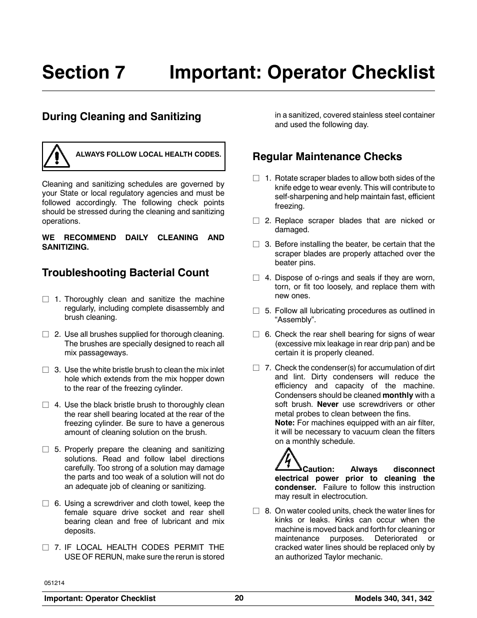 During cleaning and sanitizing, Troubleshooting bacterial count, Regular maintenance checks | Taylor 342 User Manual | Page 24 / 43