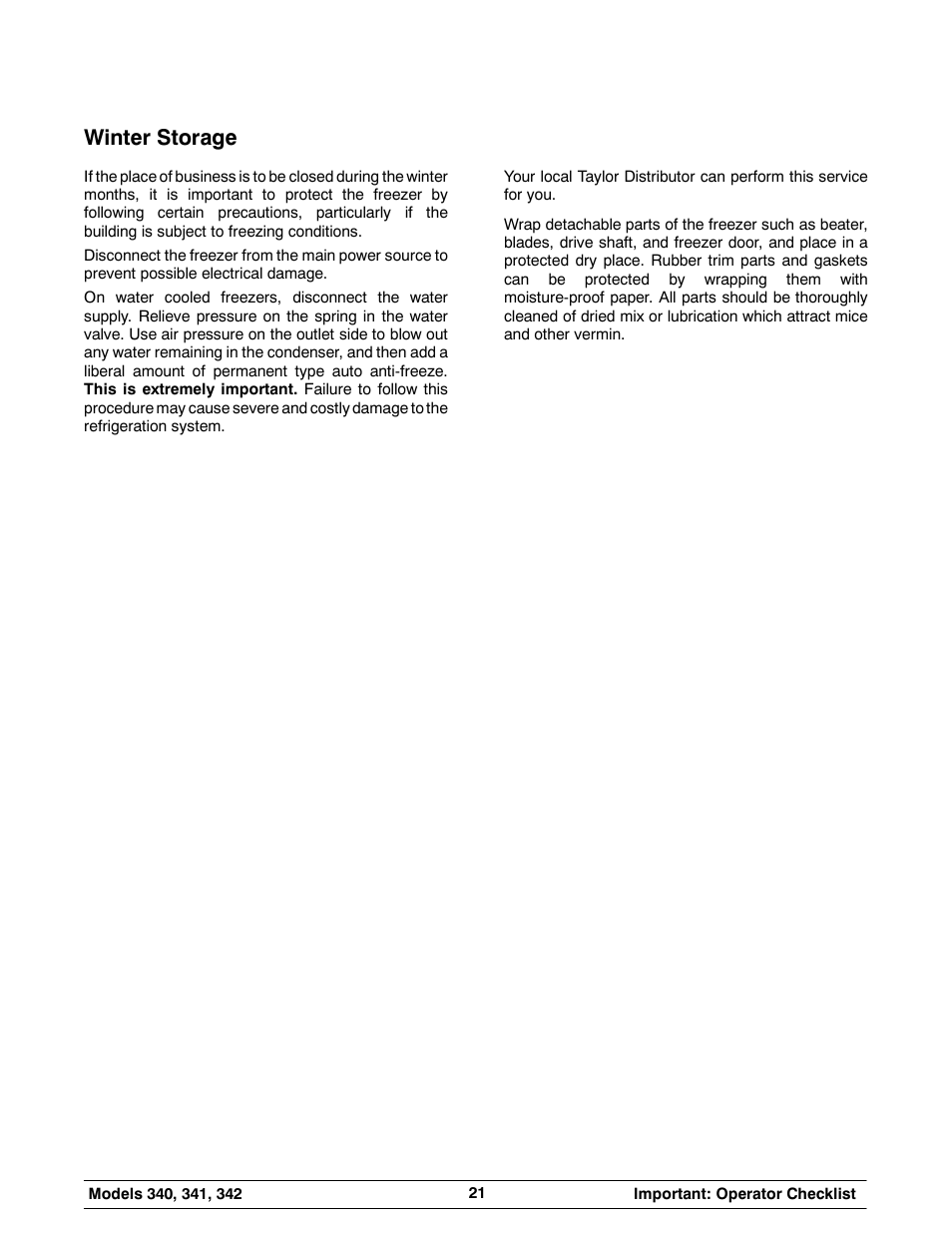 Winter storage | Taylor 342 User Manual | Page 25 / 43