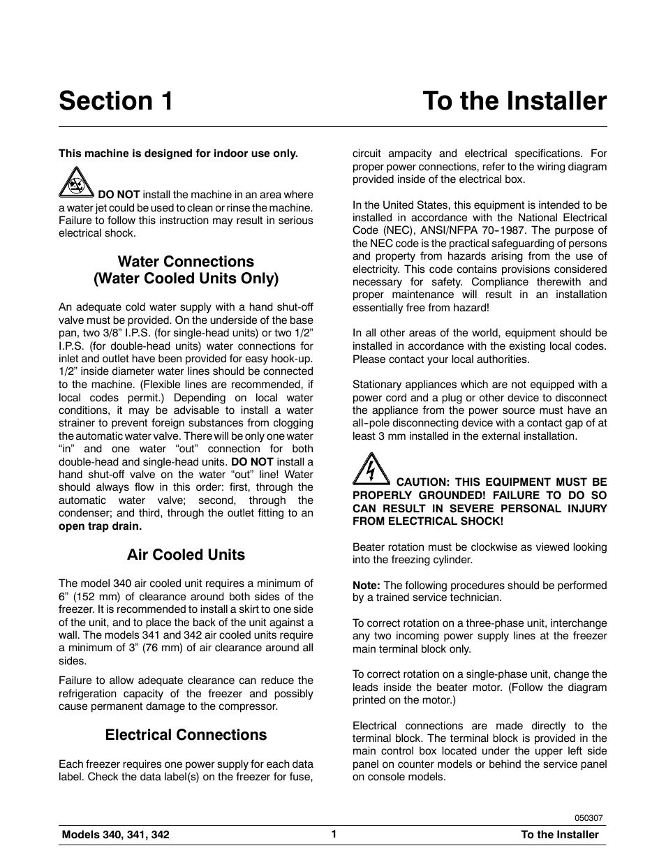 Water connections (water cooled units only), Air cooled units, Electrical connections | Taylor 342 User Manual | Page 5 / 43