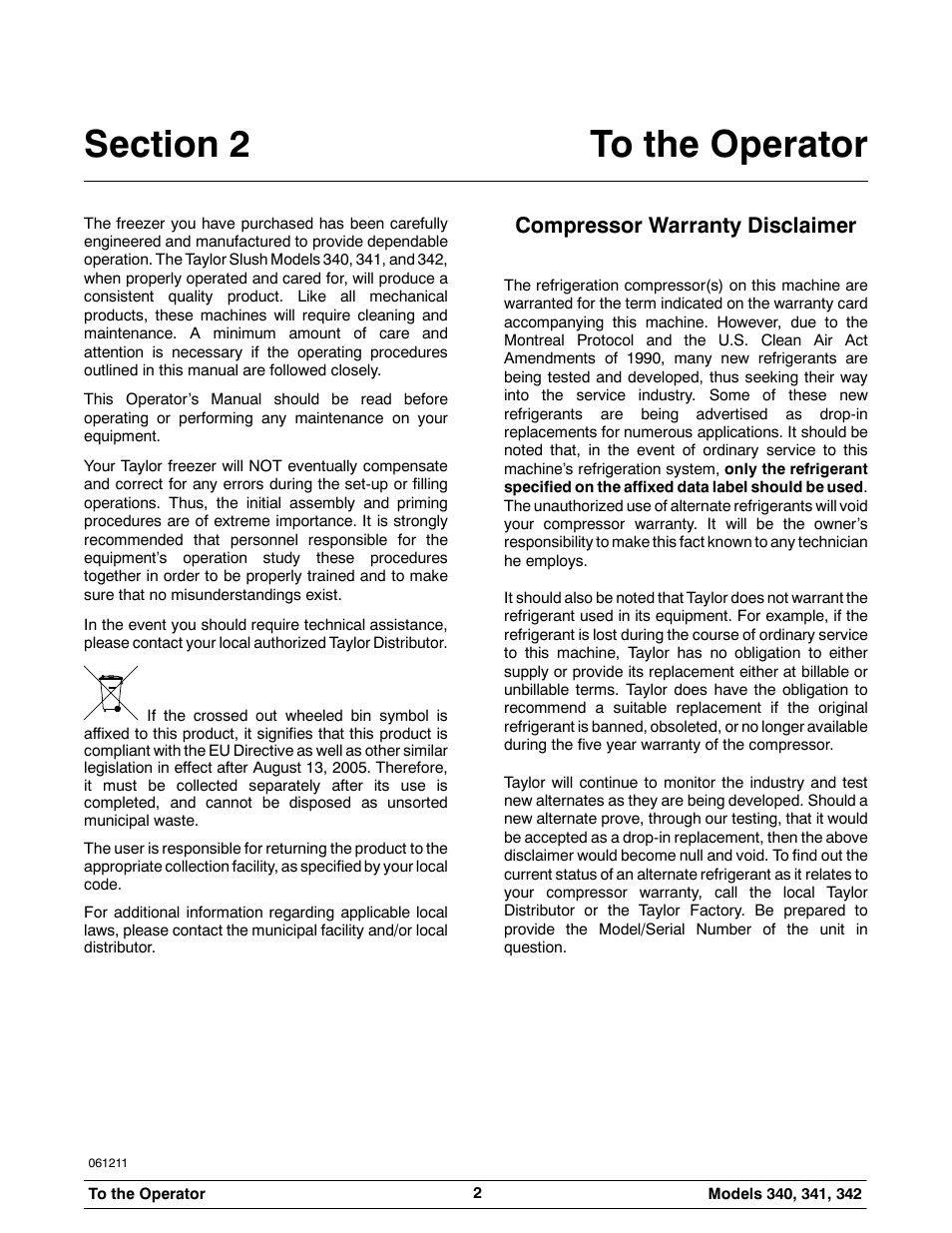 Compressor warranty disclaimer | Taylor 342 User Manual | Page 6 / 43