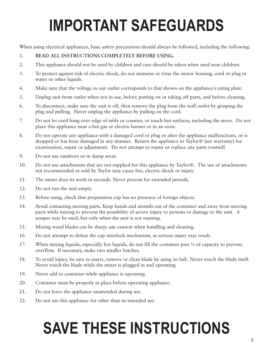 Important safeguards save these instructions | Taylor AM-1700-BL User Manual | Page 3 / 6