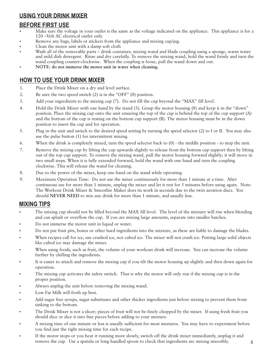 How to use your drink mixer, Mixing tips, Before first use | Using your drink mixer | Taylor AM-1700-BL User Manual | Page 5 / 6