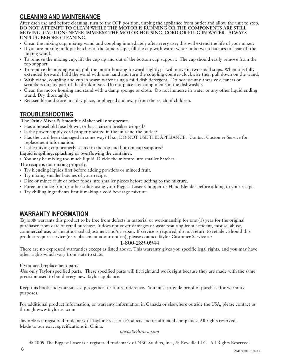 Cleaning and maintenance, Troubleshooting, Warranty information | Taylor AM-1700-BL User Manual | Page 6 / 6