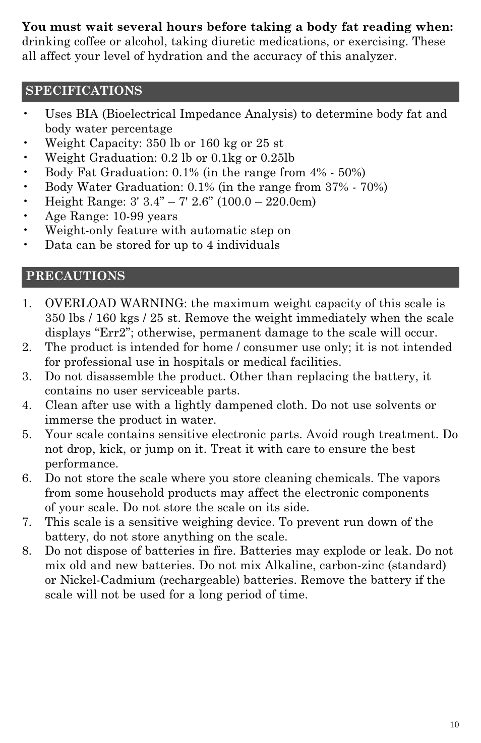 Taylor Body Fat Analyzer and Scale 5742 User Manual | Page 10 / 12